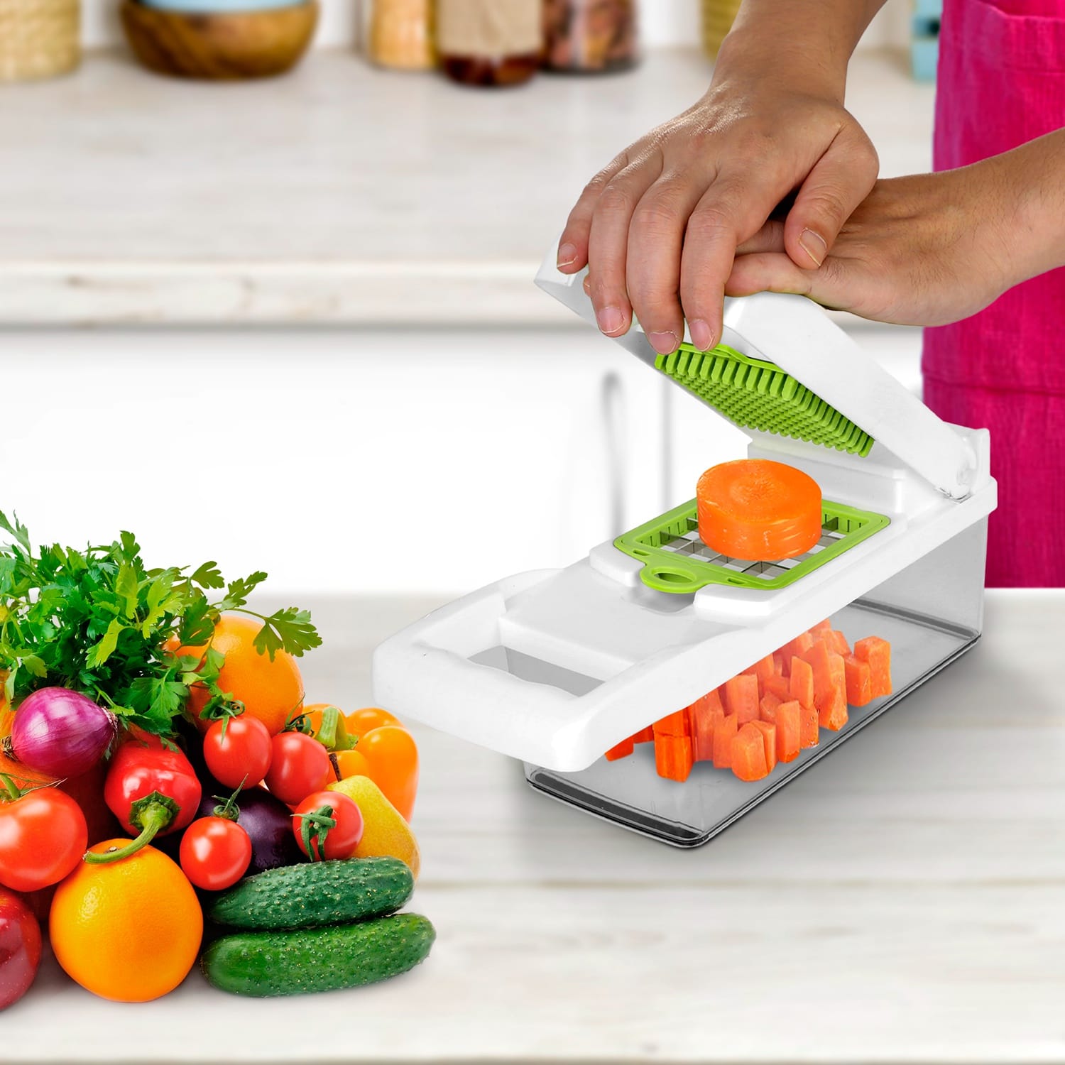 Essentialshouses Kitchen Tools & Gadgets Green White 1Set 12 In 1 Vegetable Chopper With Container Kitchen Food Slicer Dicer Grater Peeler Egg Separator Hand Protector For Onion Salad Potato