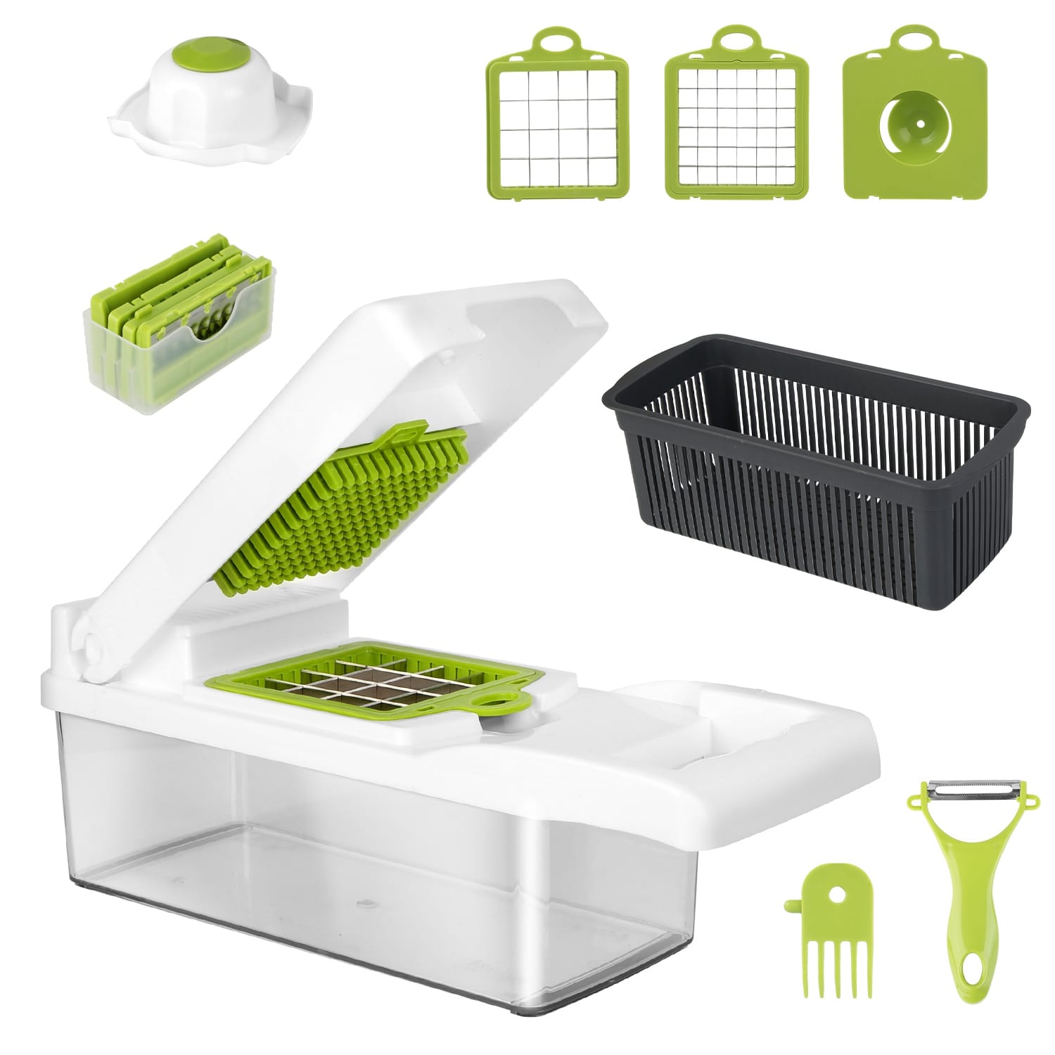 Essentialshouses Kitchen Tools & Gadgets Green White 1Set 12 In 1 Vegetable Chopper With Container Kitchen Food Slicer Dicer Grater Peeler Egg Separator Hand Protector For Onion Salad Potato