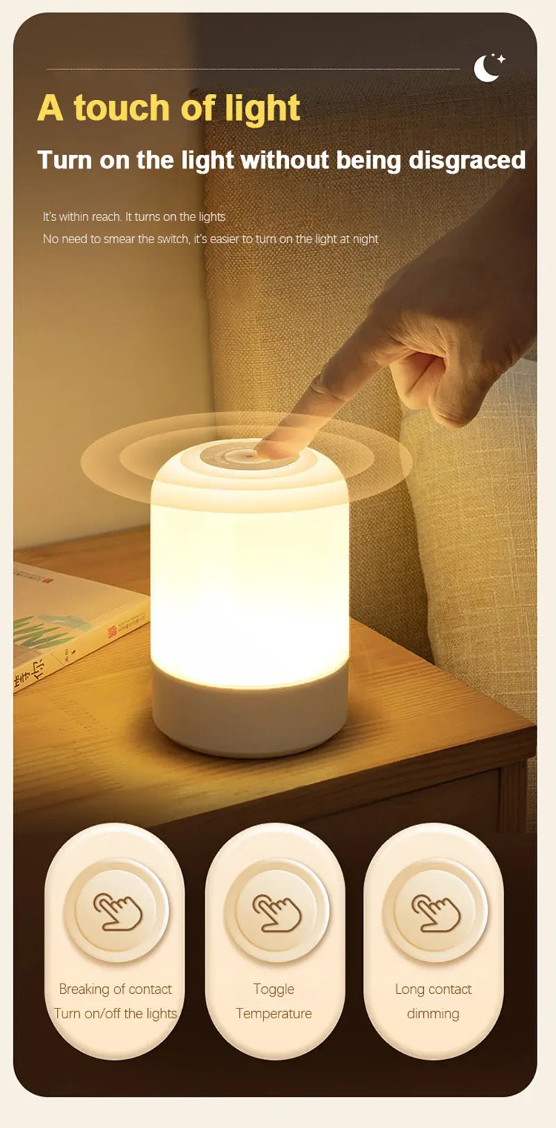 Essentialshouses Led Night Lights Bedside Dimmable Charging Desktop Night Lamps Bedroom Bedside Lighting Decoration Touch Led Reading Table Lamp