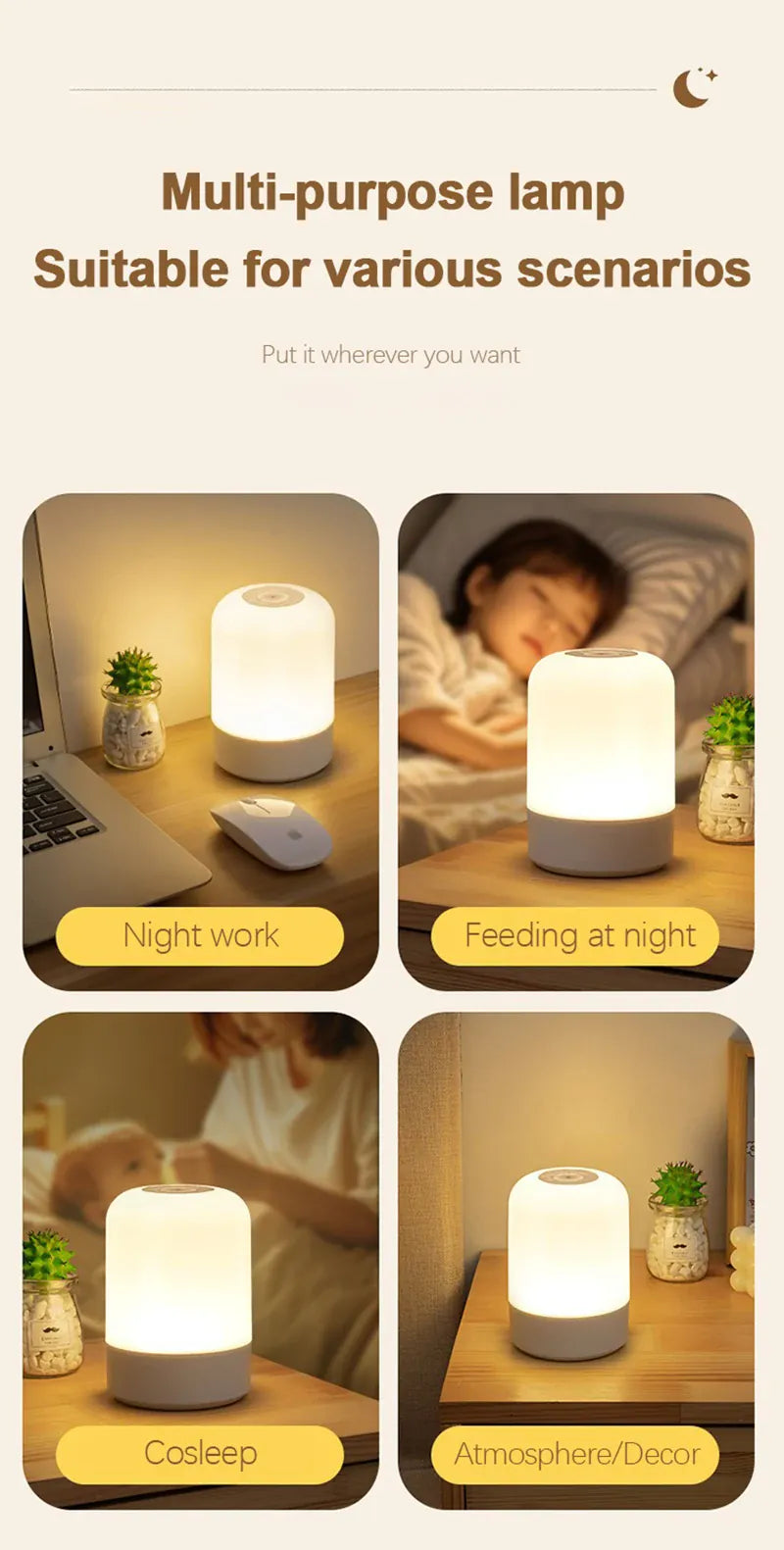 Essentialshouses Led Night Lights Bedside Dimmable Charging Desktop Night Lamps Bedroom Bedside Lighting Decoration Touch Led Reading Table Lamp