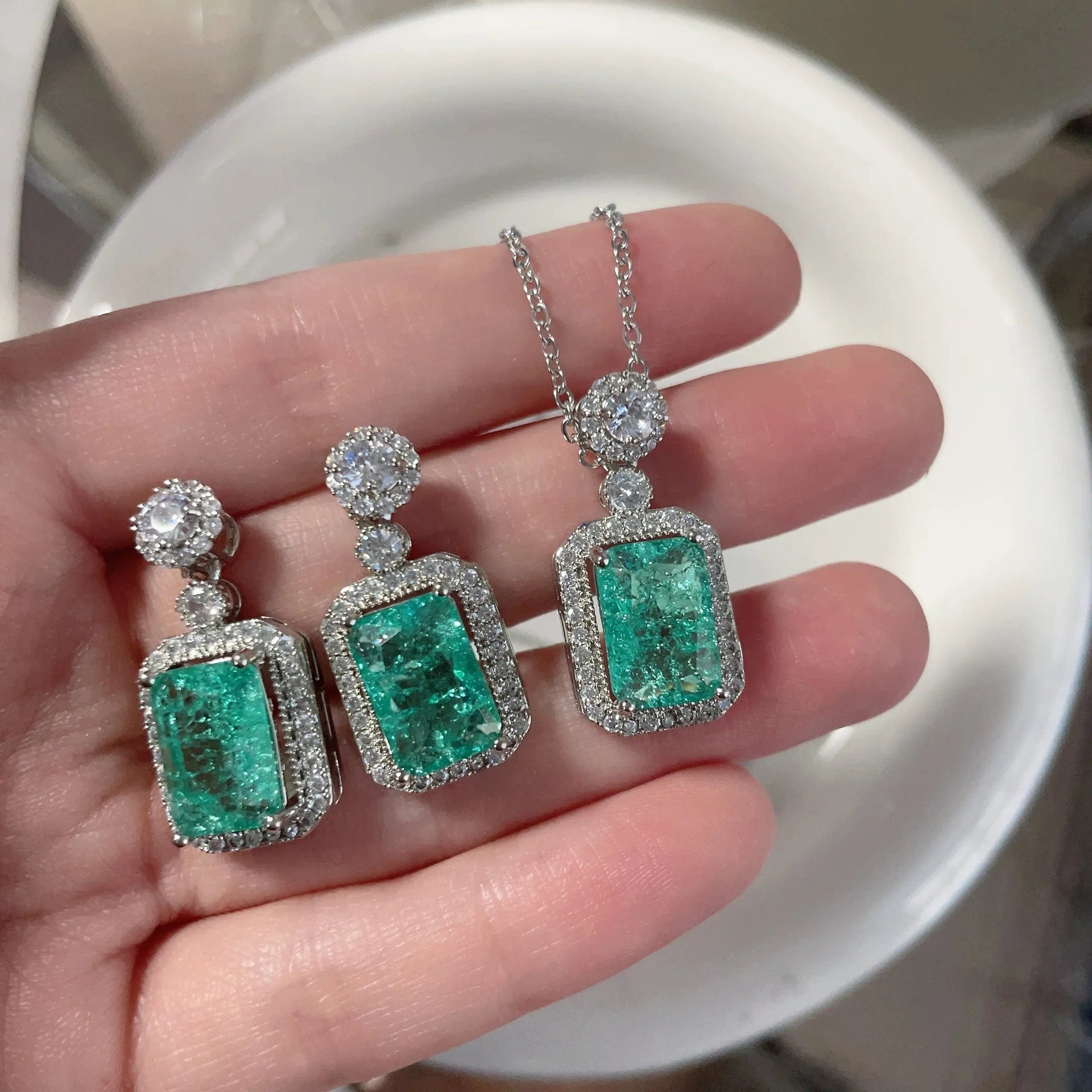 Essentialshouses light green silver Emerald 18k Gold Plated Jewelry Sets