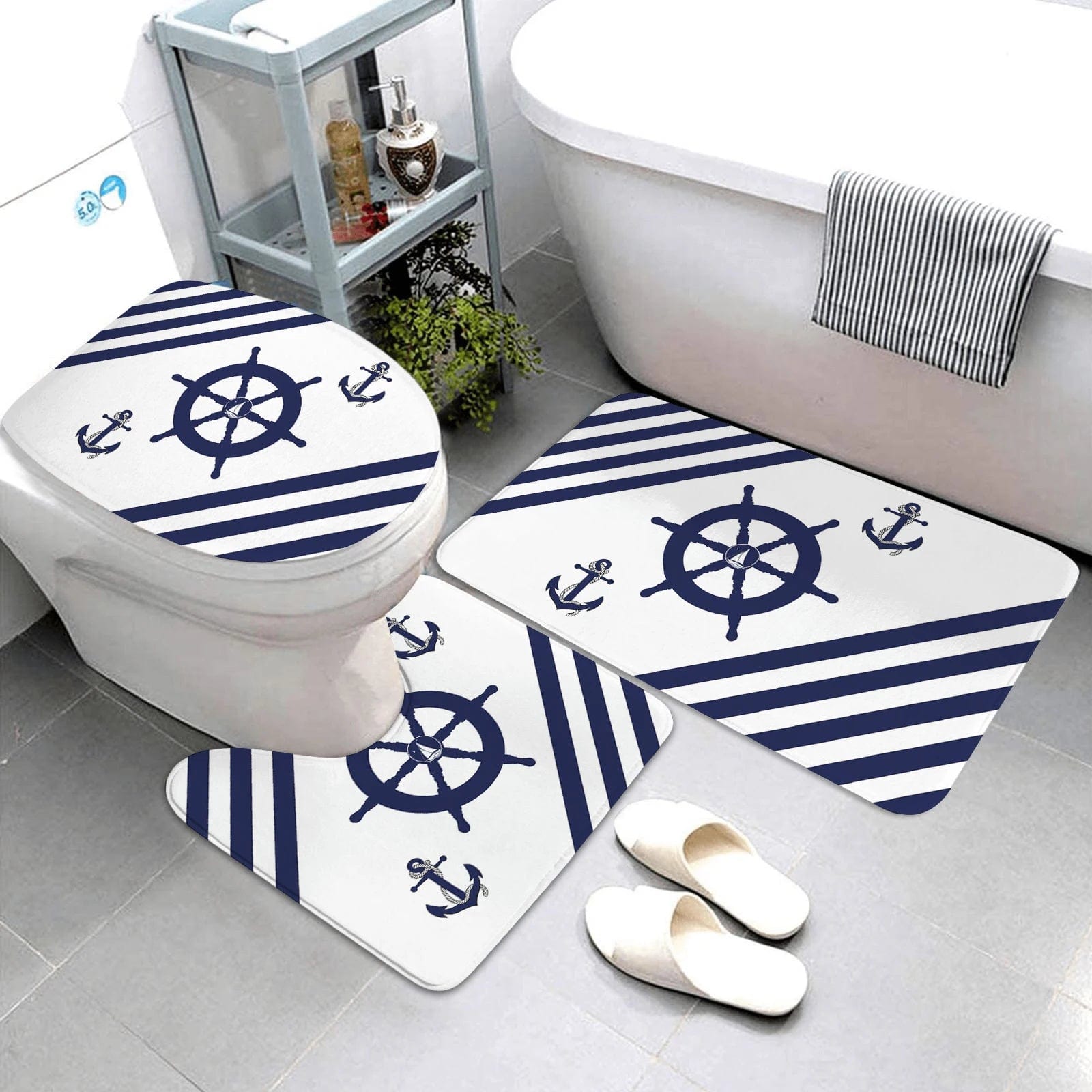 Essentialshouses LK8-4575-220409 (133 / three-piece set 🛁 Dark Blue Nautical Series 3-Piece Bathroom Mat Set – Coastal Comfort & Style