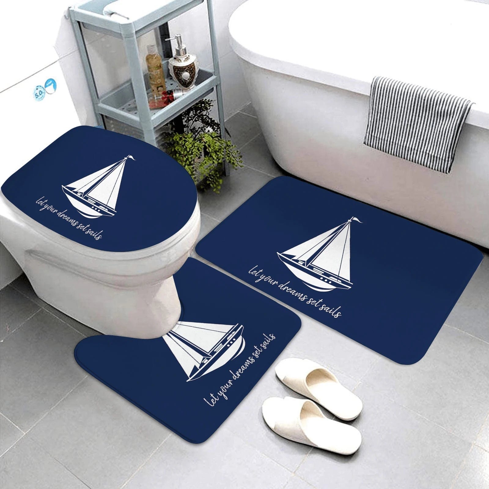Essentialshouses LK8-4575-220409 (134 / three-piece set 🛁 Dark Blue Nautical Series 3-Piece Bathroom Mat Set – Coastal Comfort & Style