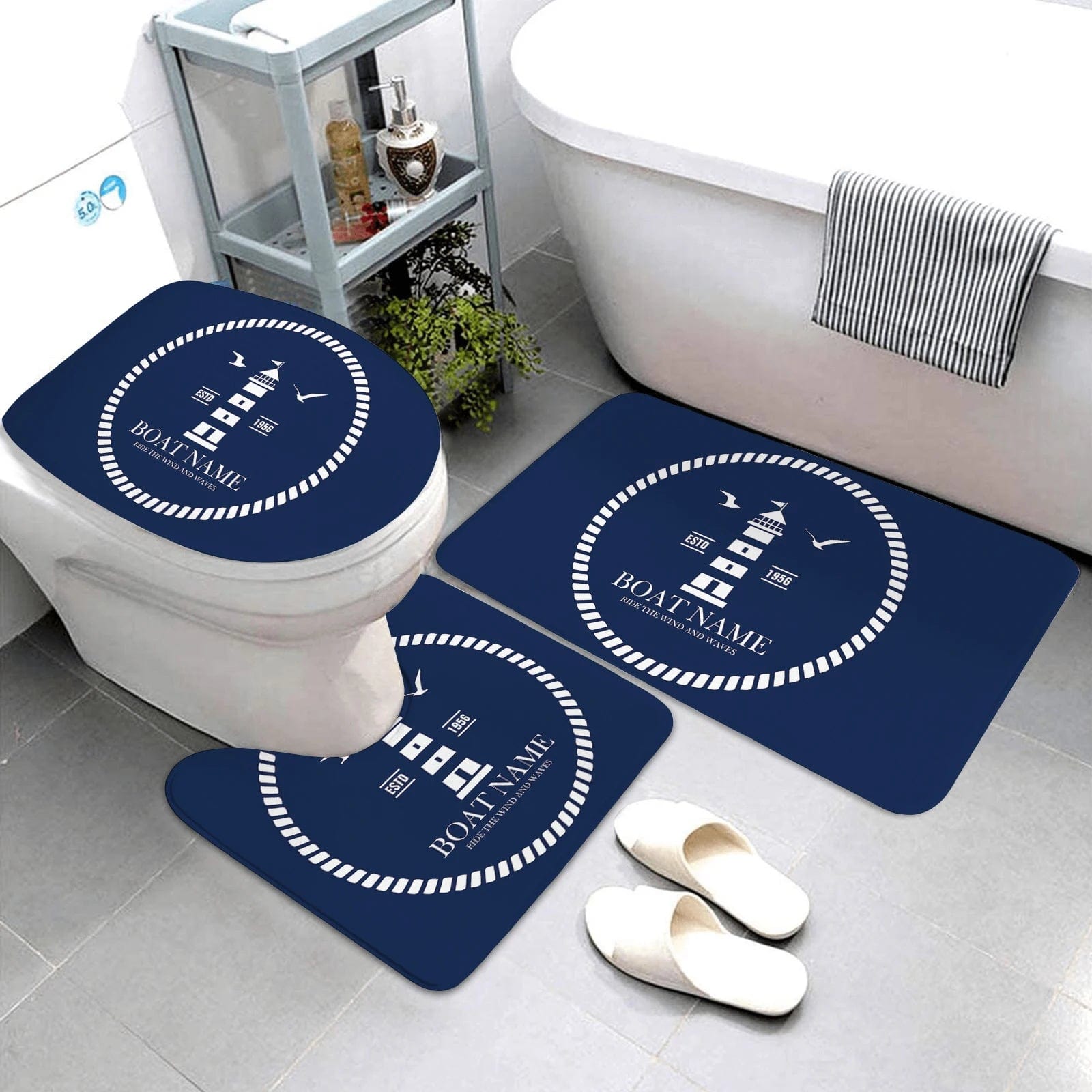 Essentialshouses LK8-4575-220409 (135 / three-piece set 🛁 Dark Blue Nautical Series 3-Piece Bathroom Mat Set – Coastal Comfort & Style