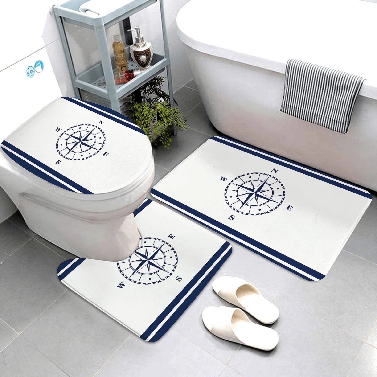 Essentialshouses LK8-4575-220409 (139 / three-piece set 🛁 Dark Blue Nautical Series 3-Piece Bathroom Mat Set – Coastal Comfort & Style
