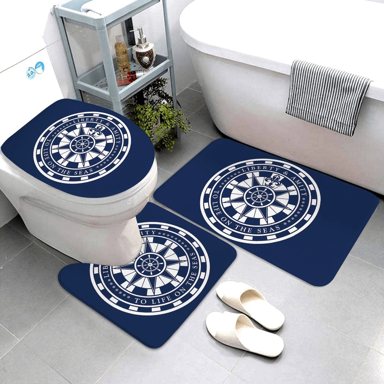 Essentialshouses LK8-4575-220409 (140 / three-piece set 🛁 Dark Blue Nautical Series 3-Piece Bathroom Mat Set – Coastal Comfort & Style