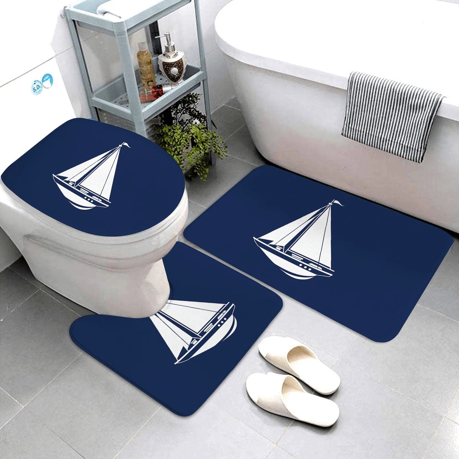 Essentialshouses LK8-4575-220409 (141 / three-piece set 🛁 Dark Blue Nautical Series 3-Piece Bathroom Mat Set – Coastal Comfort & Style