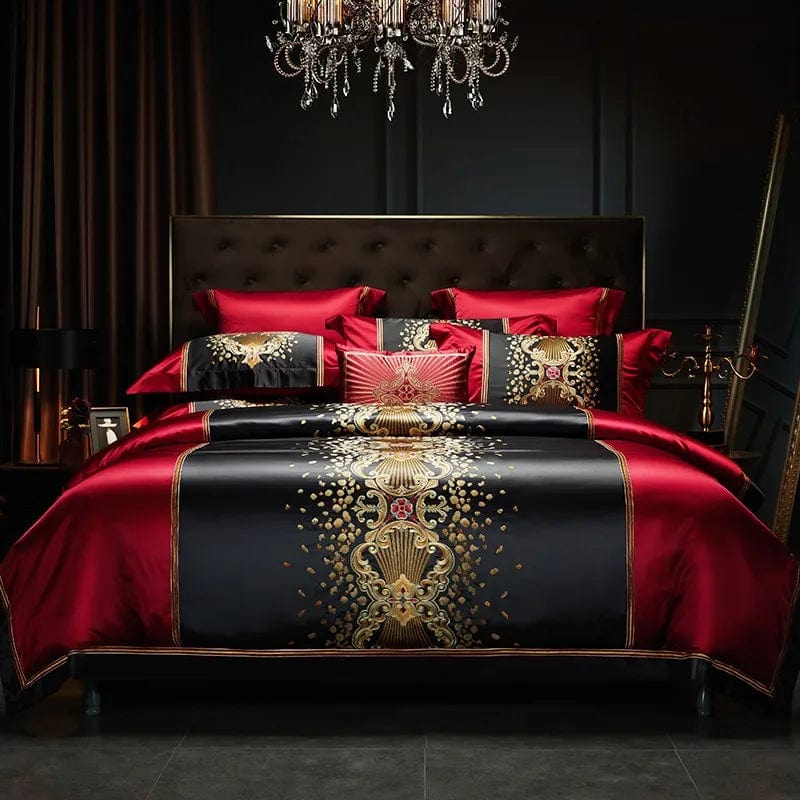 Essentialshouses Luxury Black Red Silk Satin Bedding Set