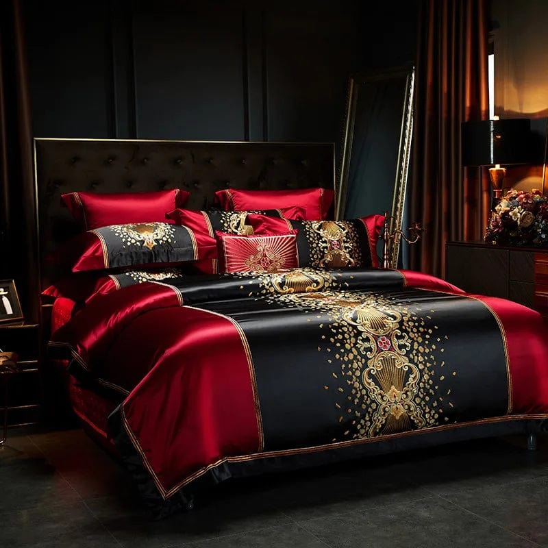 Essentialshouses Luxury Black Red Silk Satin Bedding Set