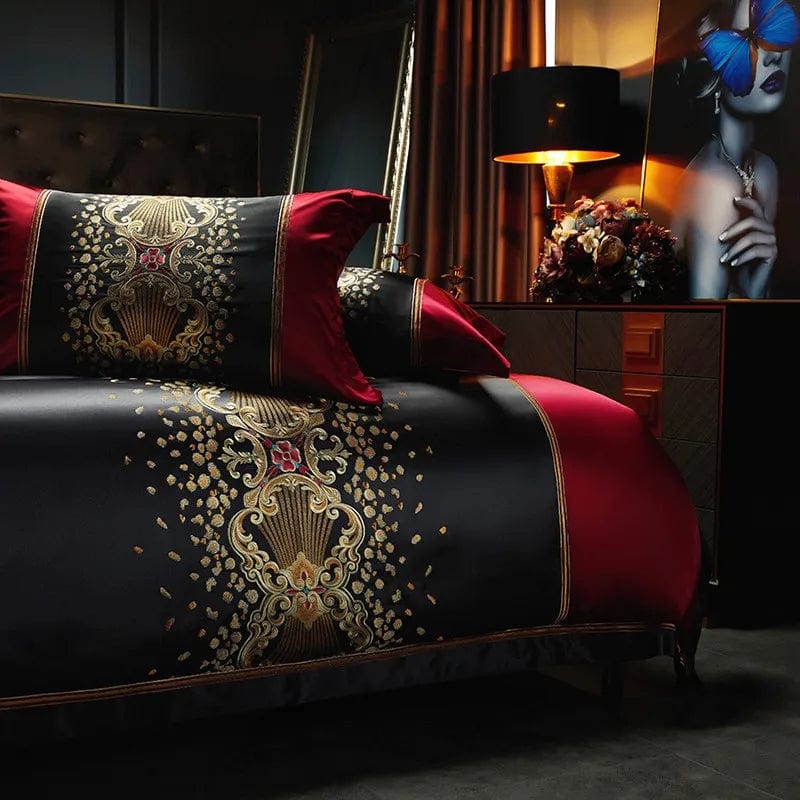 Essentialshouses Luxury Black Red Silk Satin Bedding Set