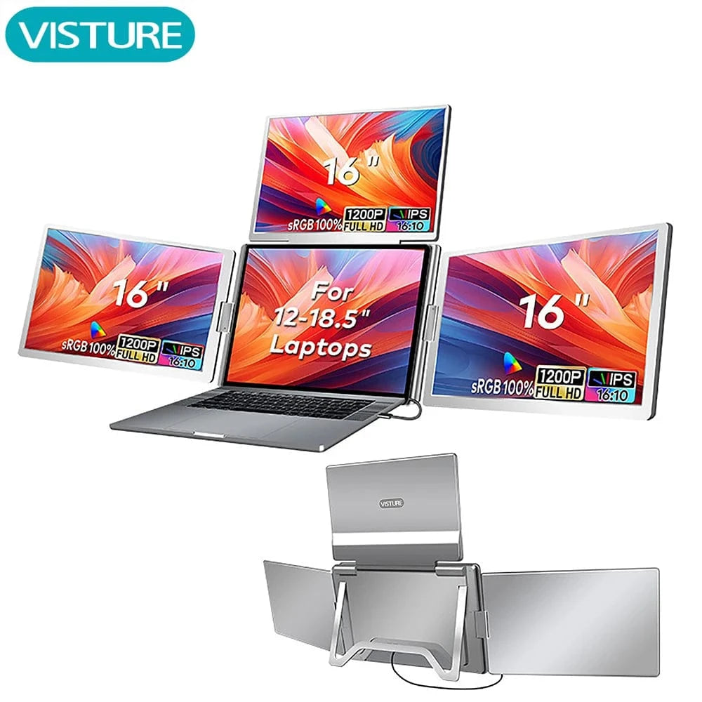 Triple 16” LCD Screen Extender – 1200P Full HD Portable Quad Monitor for 12–18.5” Laptops | USB-C Plug & Play | 360° Rotating Display