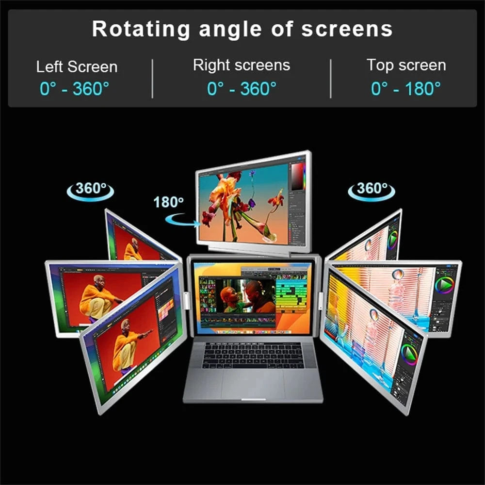 Triple 16” LCD Screen Extender – 1200P Full HD Portable Quad Monitor for 12–18.5” Laptops | USB-C Plug & Play | 360° Rotating Display