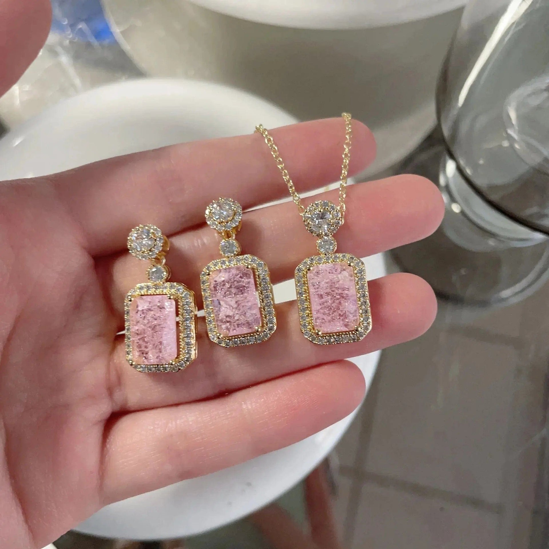 Essentialshouses pink gold Emerald 18k Gold Plated Jewelry Sets