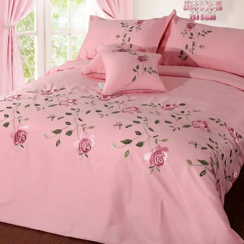 Essentialshouses Pink / Queen-6pcs / Flat Bed Sheet linen Flowers Embroidery Duvet Cover