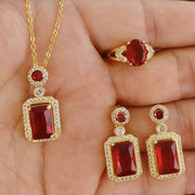 Essentialshouses Red sets 3pcs Emerald 18k Gold Plated Jewelry Sets