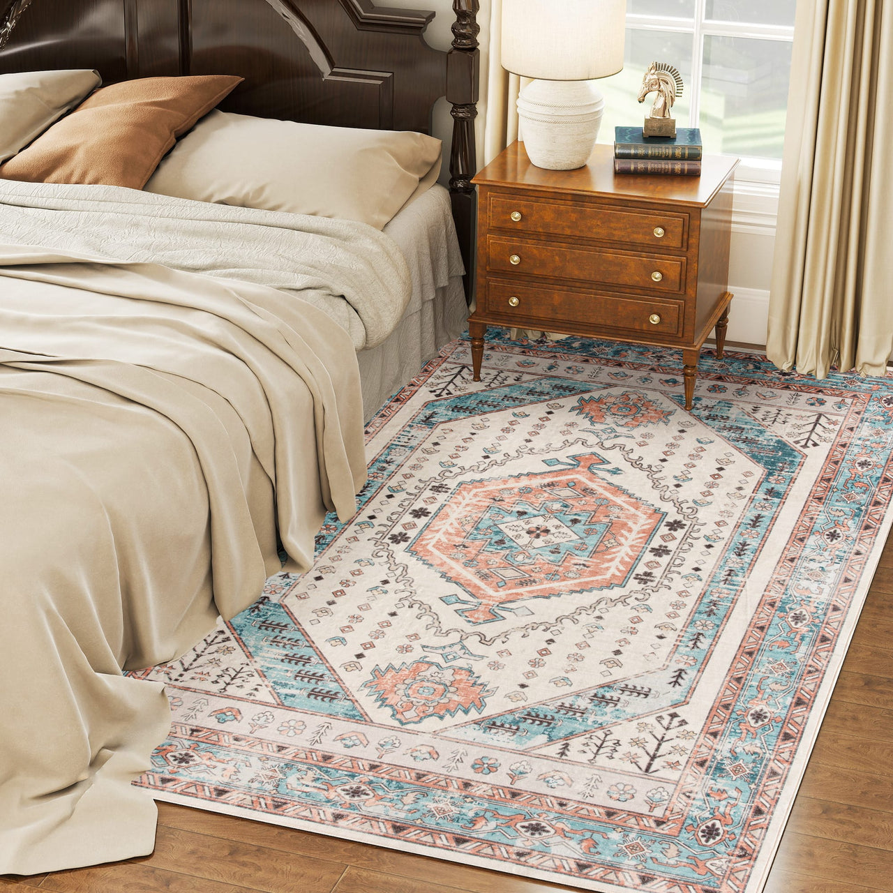 Essentialshouses Rugs & Carpets Brown and Blue 4x6 Area Rug, Vintage Machine Washable Rug, Non-Slip Floor Carpet For Living Room, Bedroom, Dining Room, Brown And Blue
