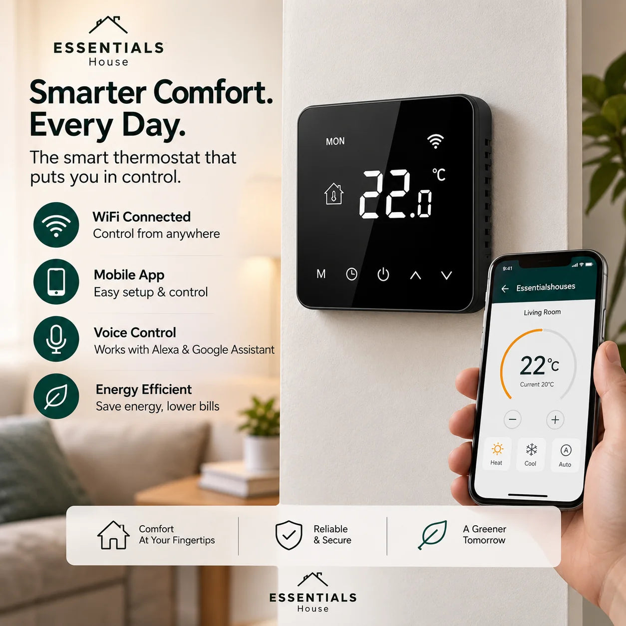 Essentials House smart WiFi thermostat with mobile app control, voice control and energy-saving features