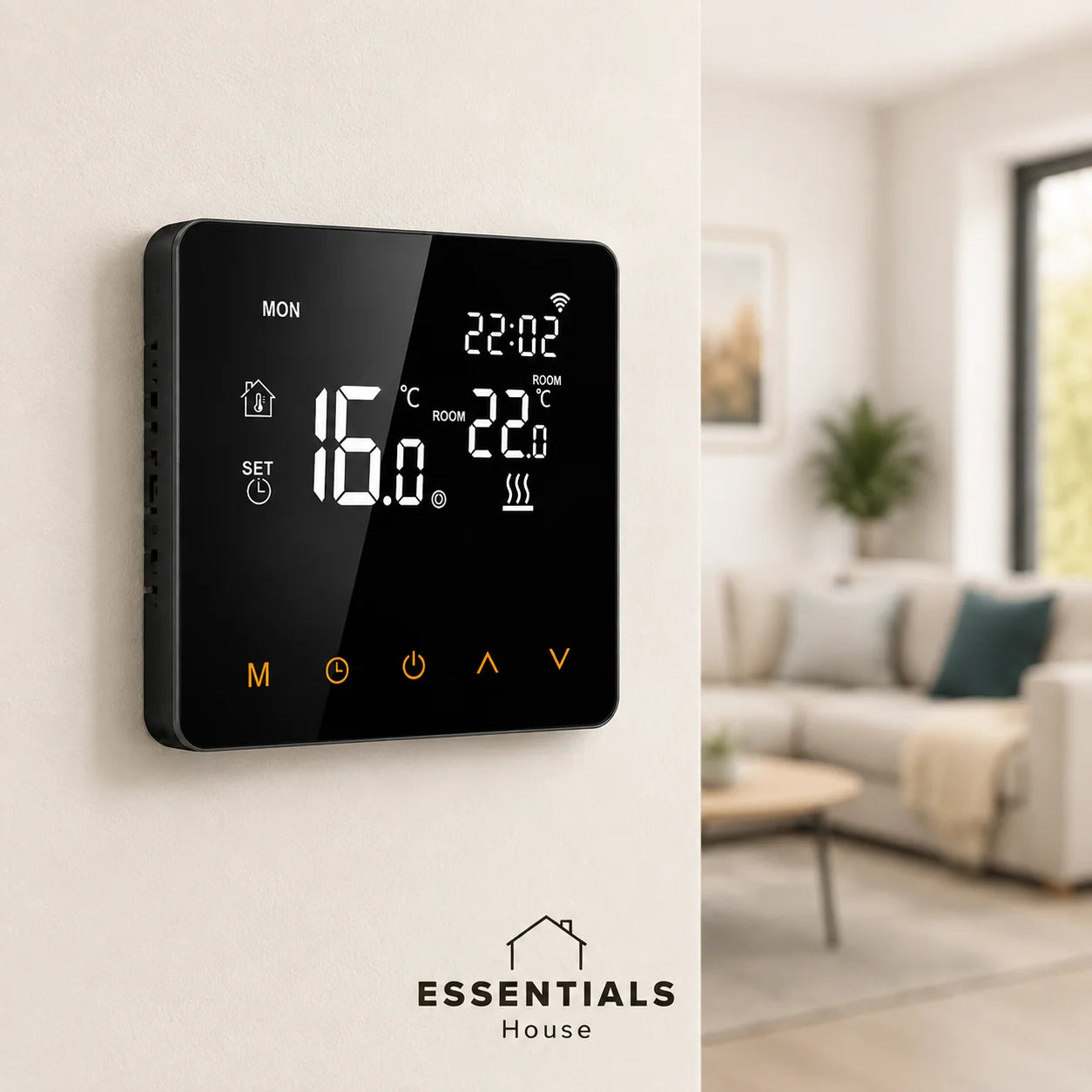 Essentials House smart WiFi thermostat wall-mounted in a modern living room setting