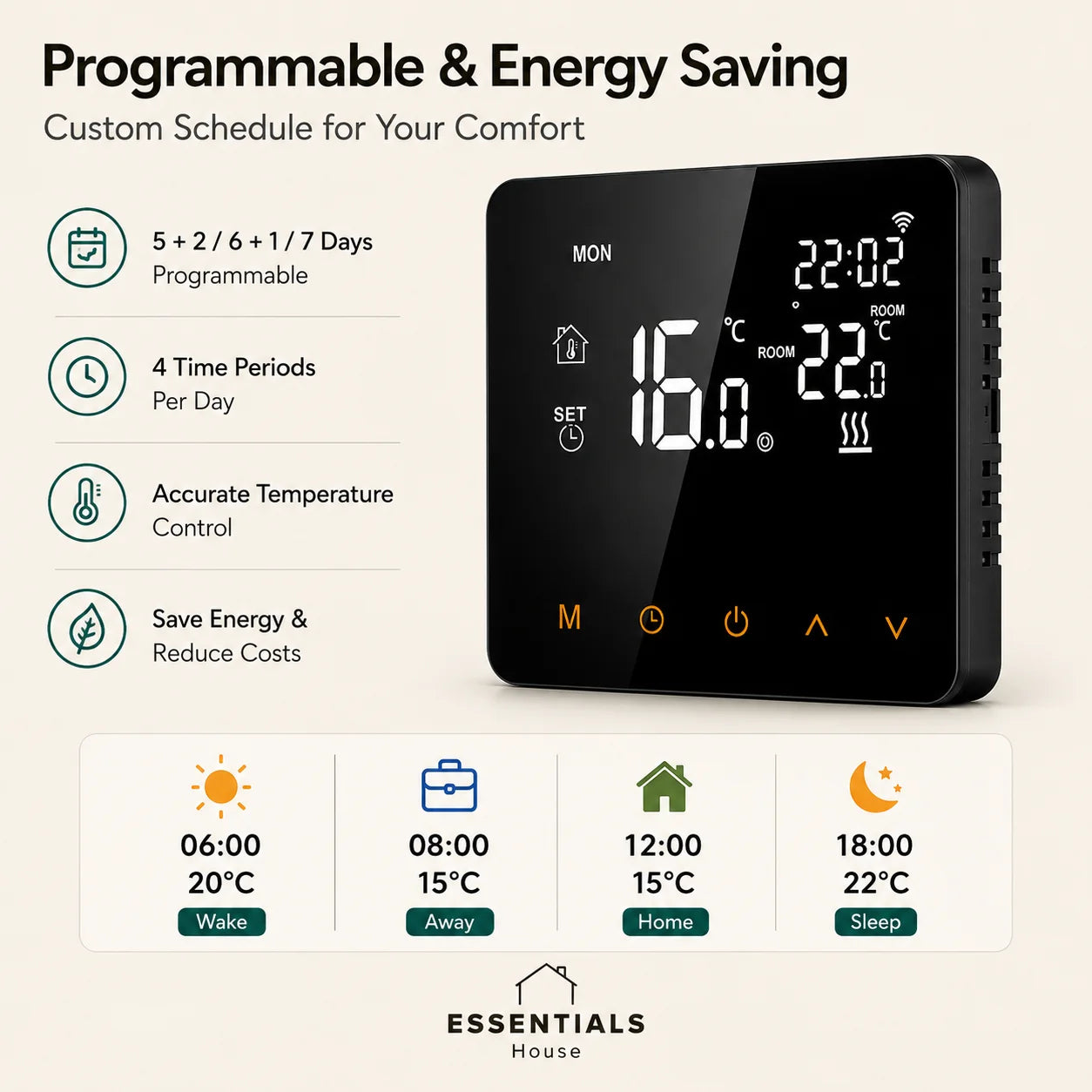Essentials House smart WiFi thermostat with programmable schedule and energy-saving temperature control