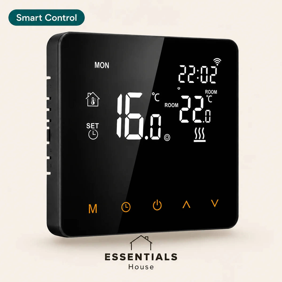 Essentials House smart WiFi thermostat with digital temperature display and touch controls