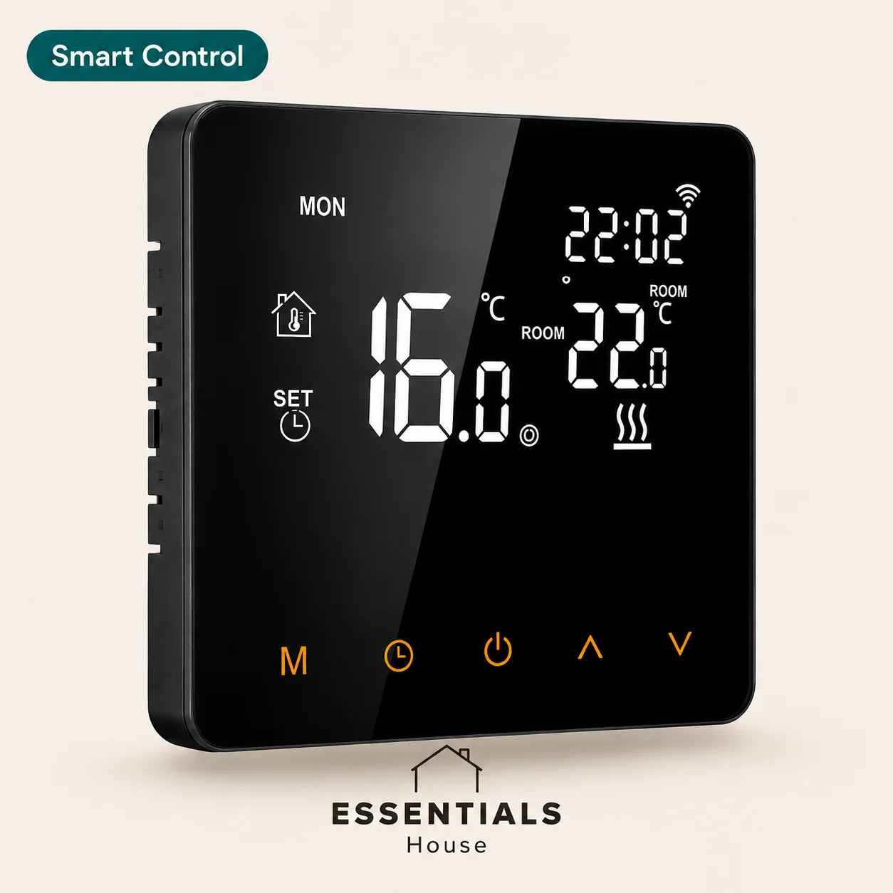 Essentials House smart WiFi thermostat with digital temperature display and touch controls