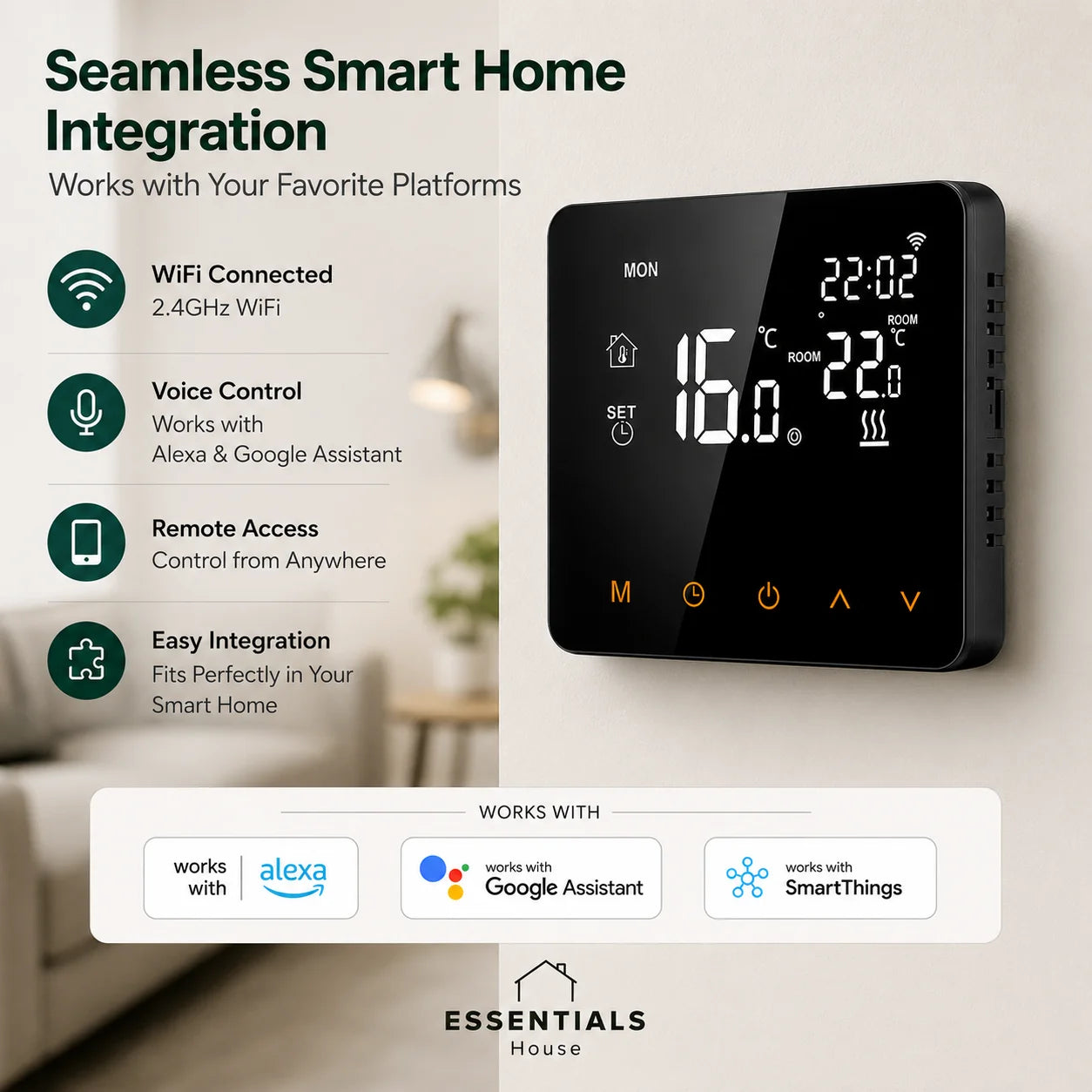 Essentials House smart WiFi thermostat with remote access, voice control and smart home integration features