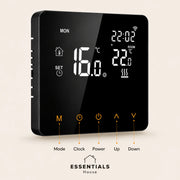 Essentials House smart WiFi thermostat with touch controls for mode, clock, power and temperature adjustment