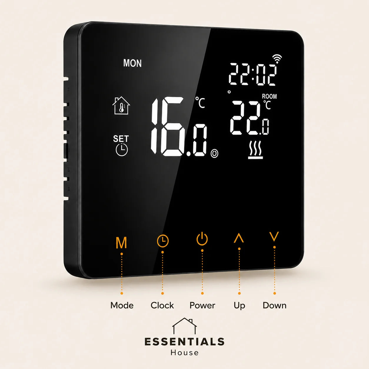 Essentials House smart WiFi thermostat with touch controls for mode, clock, power and temperature adjustment