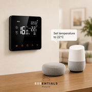 Essentials House smart WiFi thermostat with voice control in a modern home setting