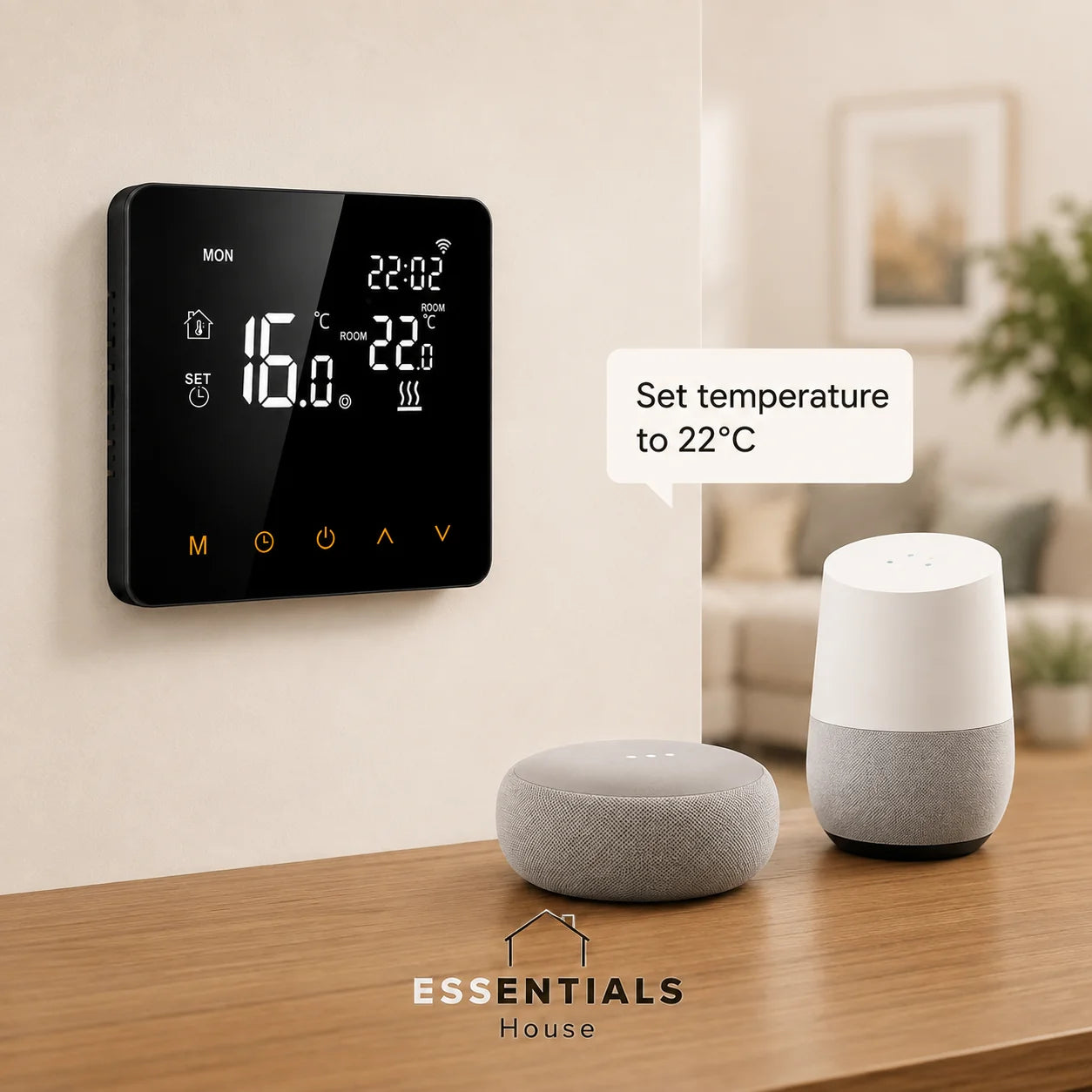 Essentials House smart WiFi thermostat with voice control in a modern home setting