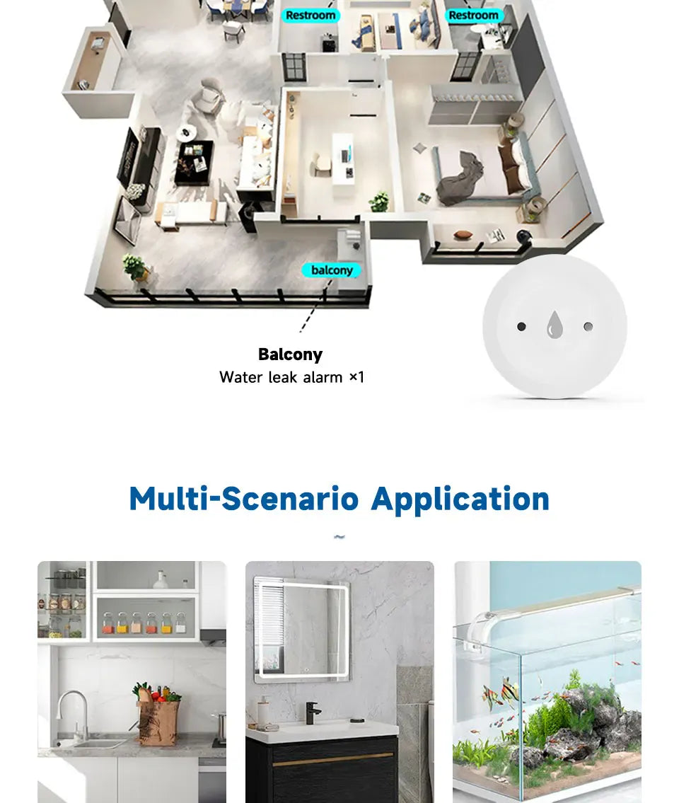 Essentialshouses Smart ZigBee3.0 2MQTT Water Leakage Sensor Flood Overflow Alarm APP Remote Monitoring Work with Home Assistant Security Detector