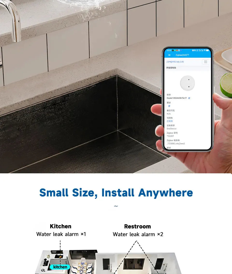 Essentialshouses Smart ZigBee3.0 2MQTT Water Leakage Sensor Flood Overflow Alarm APP Remote Monitoring Work with Home Assistant Security Detector