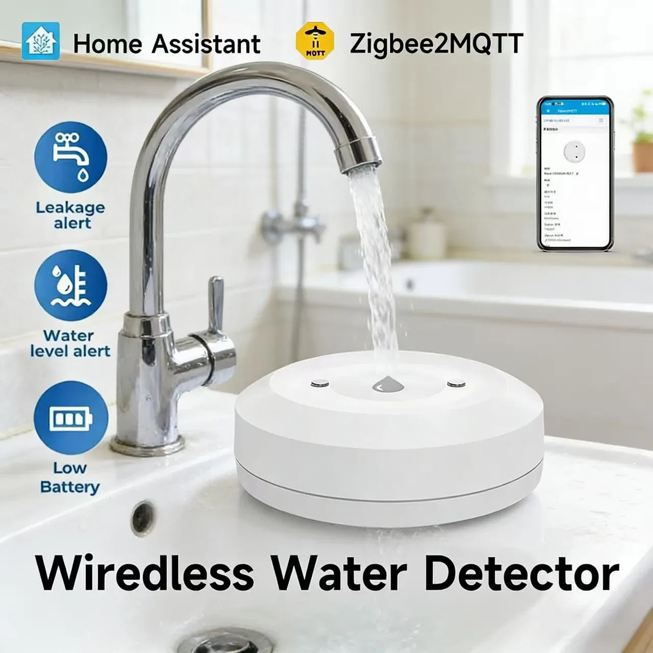 Essentialshouses Smart ZigBee3.0 2MQTT Water Leakage Sensor Flood Overflow Alarm APP Remote Monitoring Work with Home Assistant Security Detector