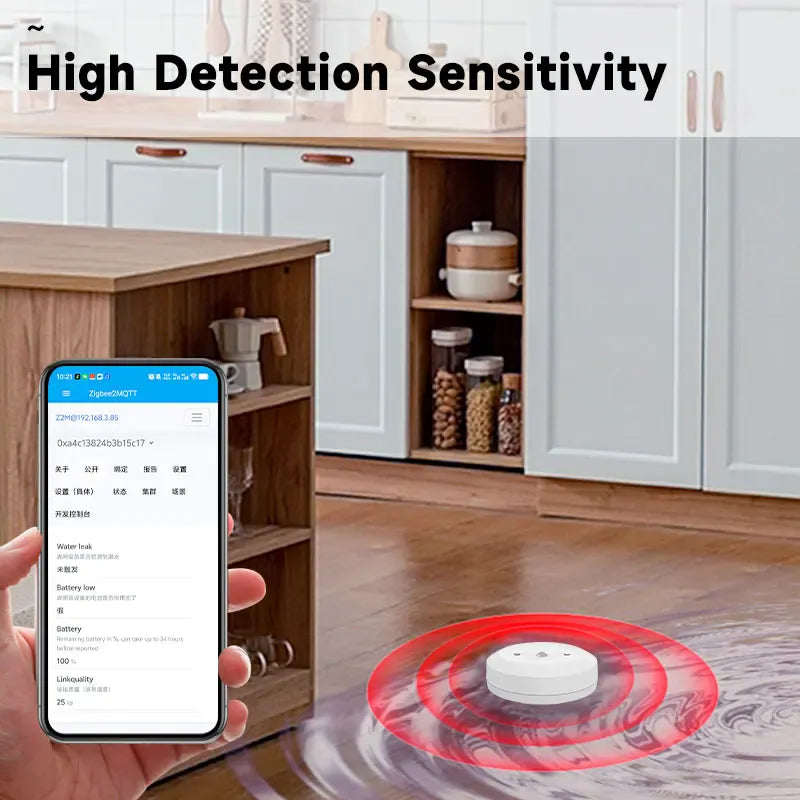 Essentialshouses Smart ZigBee3.0 2MQTT Water Leakage Sensor Flood Overflow Alarm APP Remote Monitoring Work with Home Assistant Security Detector