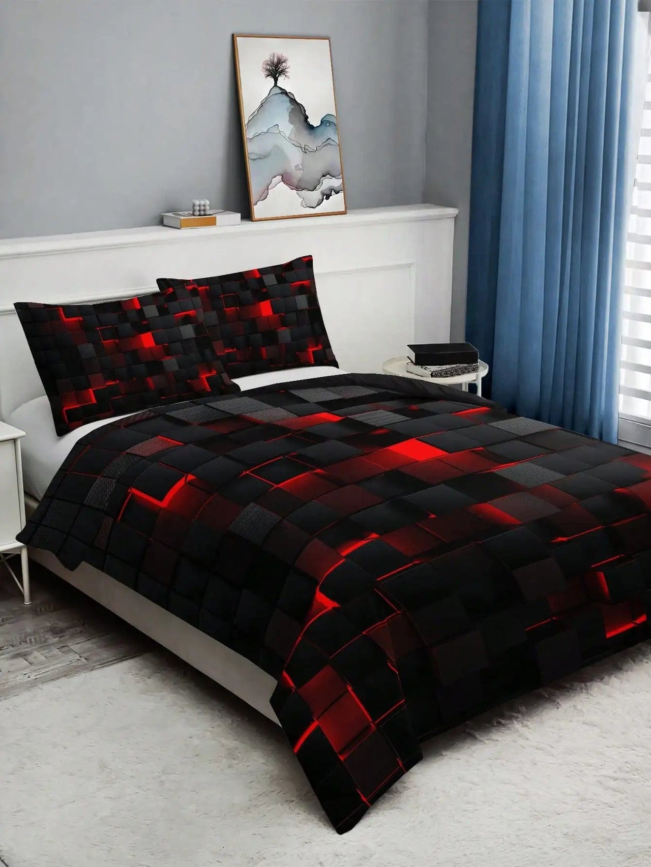 Essentialshouses Technology Style Red Grid Cover Set