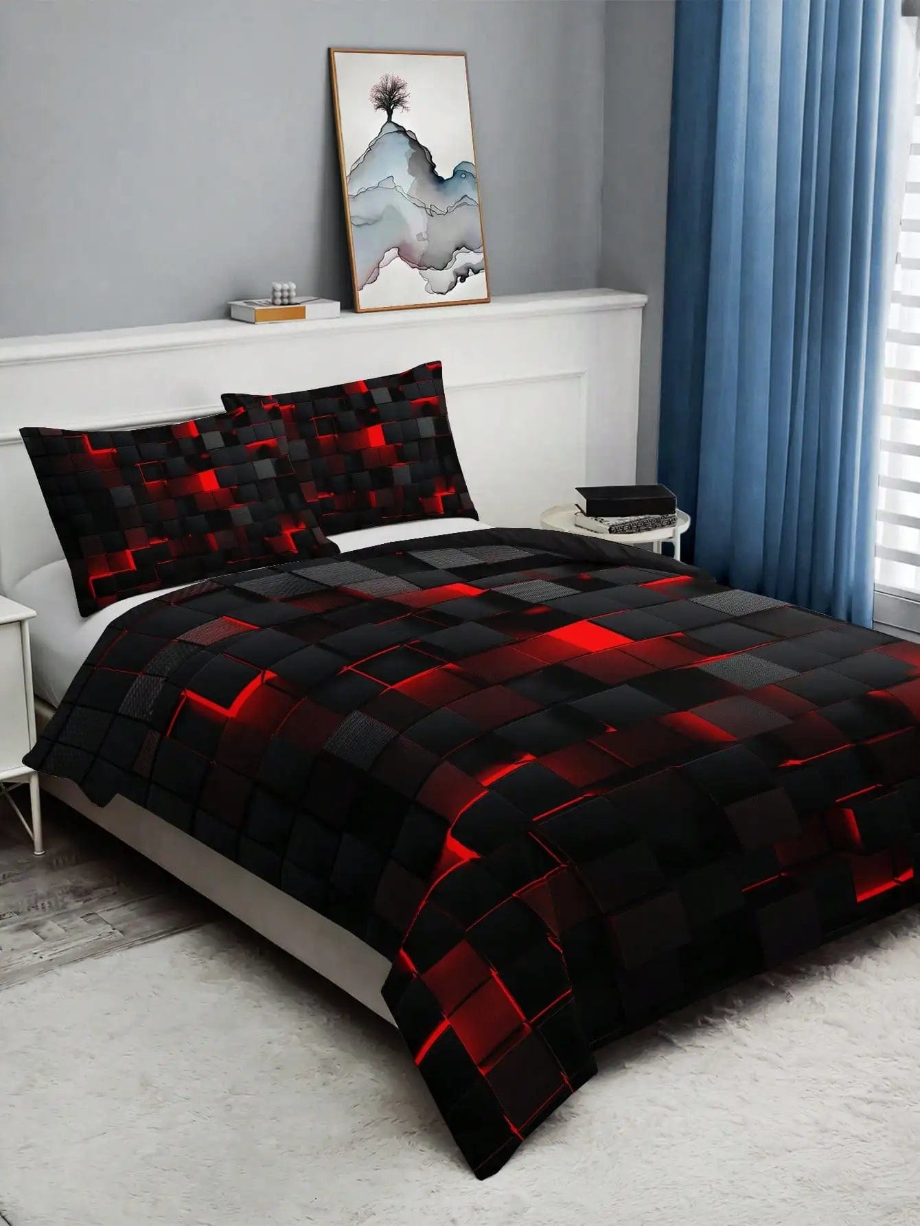 Essentialshouses Technology Style Red Grid Cover Set