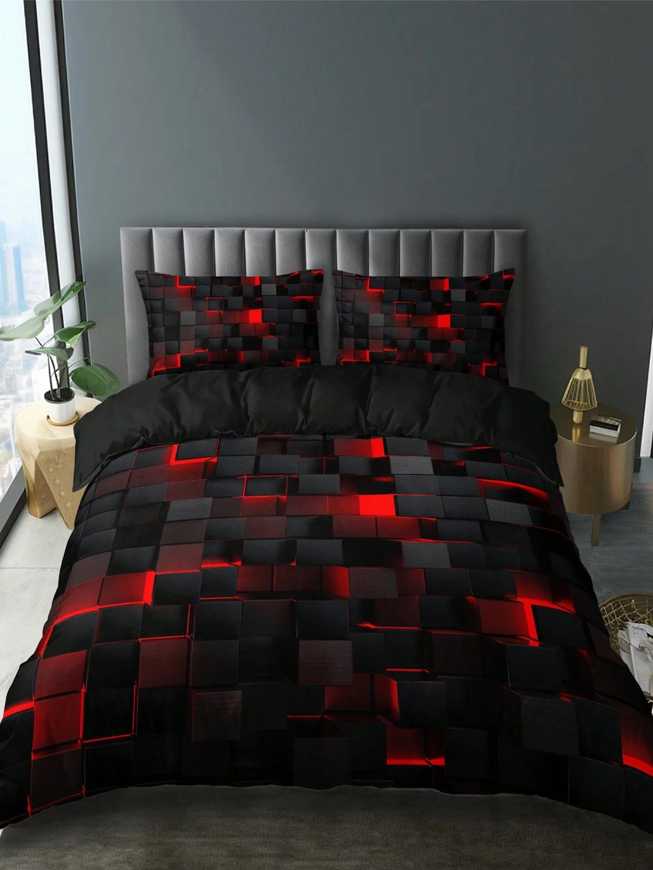 Essentialshouses Technology Style Red Grid Cover Set