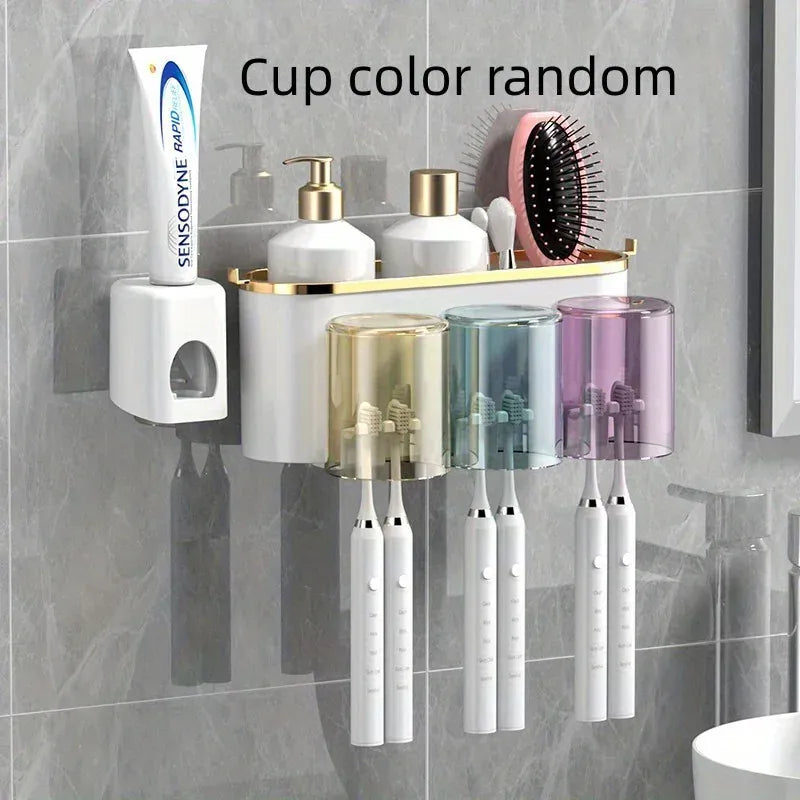 Essentialshouses Three With Squeezer Toothbrush Holder With Squeezer Perforation-free Bathroom Shelf Mouthwash Cup Toothbrush Holder