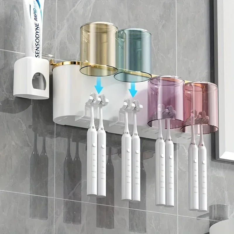 Essentialshouses Toothbrush Holder With Squeezer Perforation-free Bathroom Shelf Mouthwash Cup Toothbrush Holder