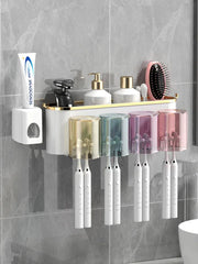 Essentialshouses Toothbrush Holder With Squeezer Perforation-free Bathroom Shelf Mouthwash Cup Toothbrush Holder