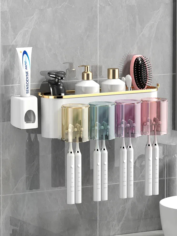Essentialshouses Toothbrush Holder With Squeezer Perforation-free Bathroom Shelf Mouthwash Cup Toothbrush Holder