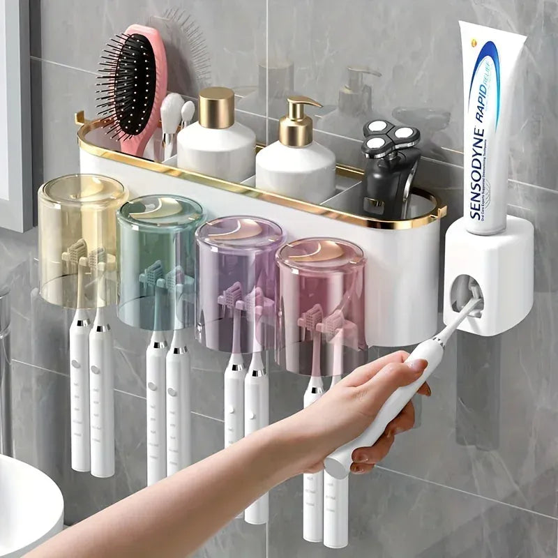 Essentialshouses Toothbrush Holder With Squeezer Perforation-free Bathroom Shelf Mouthwash Cup Toothbrush Holder