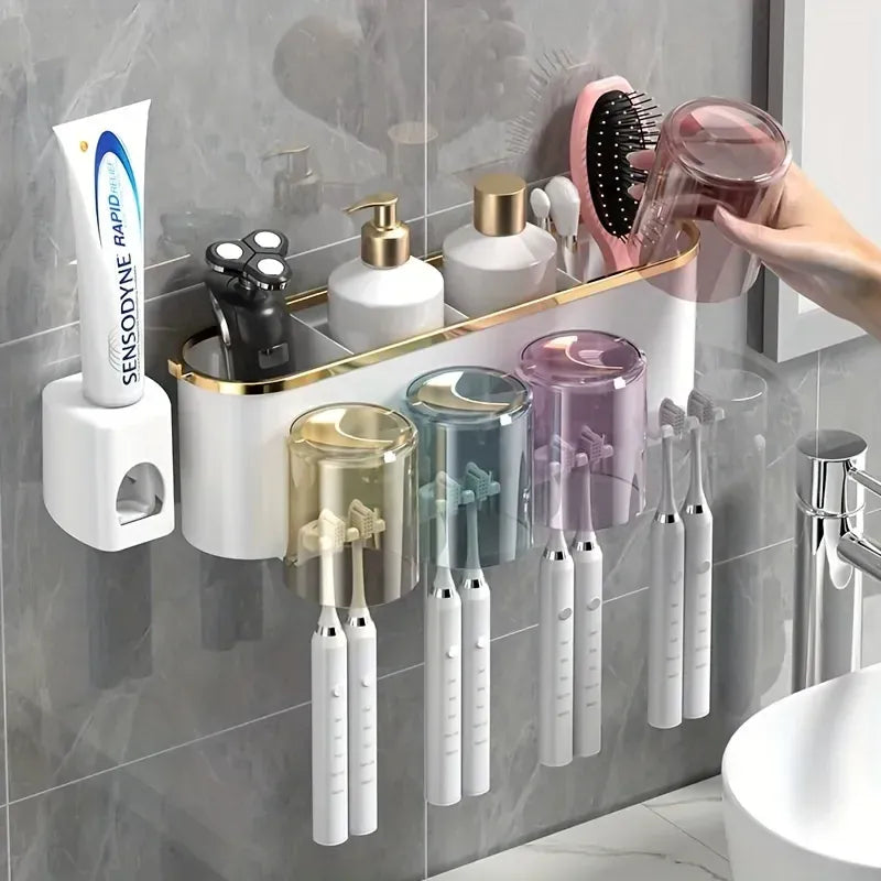 Essentialshouses Toothbrush Holder With Squeezer Perforation-free Bathroom Shelf Mouthwash Cup Toothbrush Holder