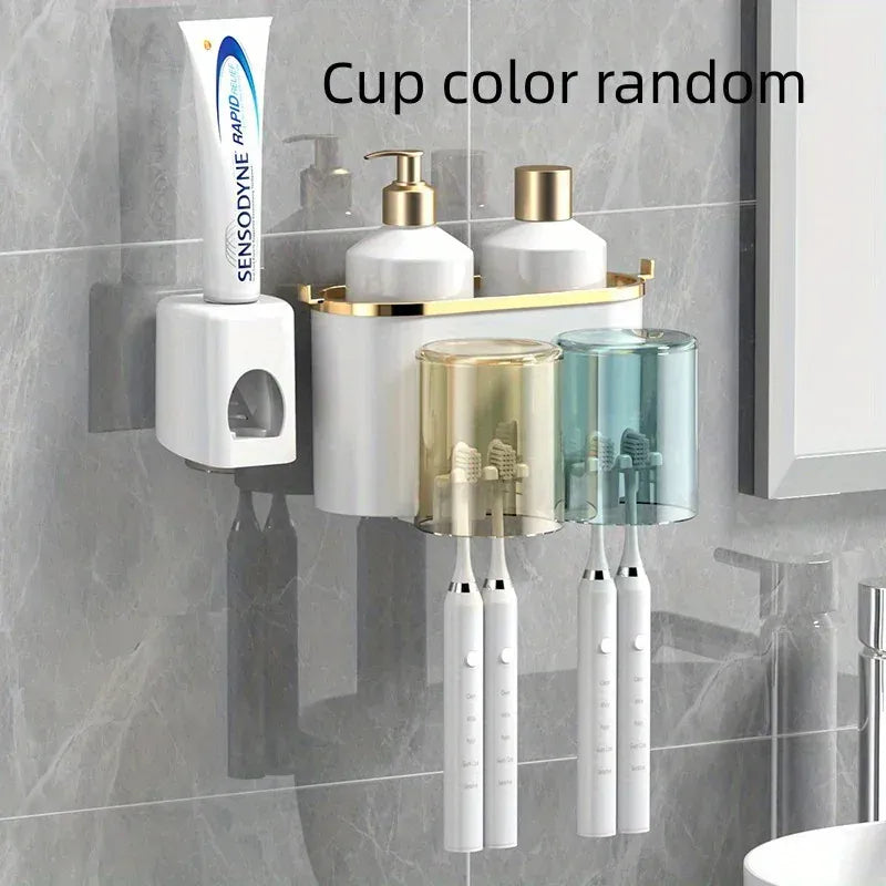Essentialshouses Two With Squeezer Toothbrush Holder With Squeezer Perforation-free Bathroom Shelf Mouthwash Cup Toothbrush Holder