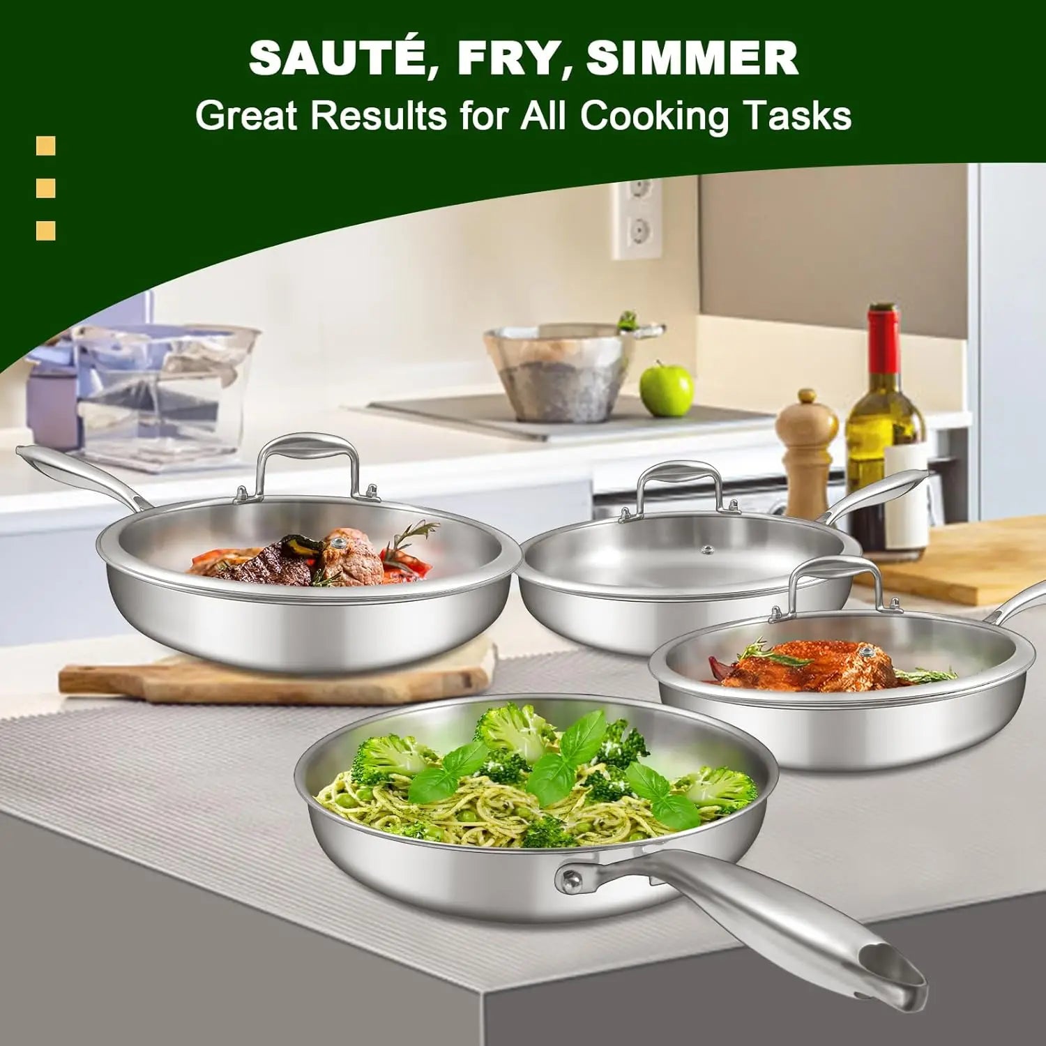 Essentialshouses United States 12-Inch Stainless Steel Frying Pan with Lid, Induction-Ready, Oven & Dishwasher Safe for All Cooktops