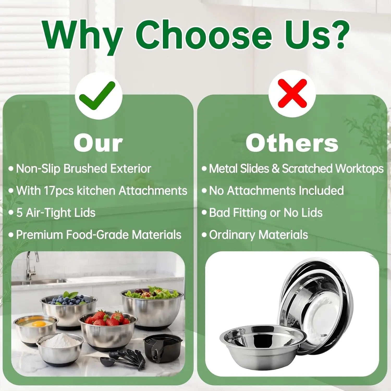 Essentialshouses United States 22Pcs Stainless Steel Mixing Bowls Set with Airtight Lids, 1.5/2/3/4/5 QT, Non-Slip Silicone Base, Nesting Design, Black