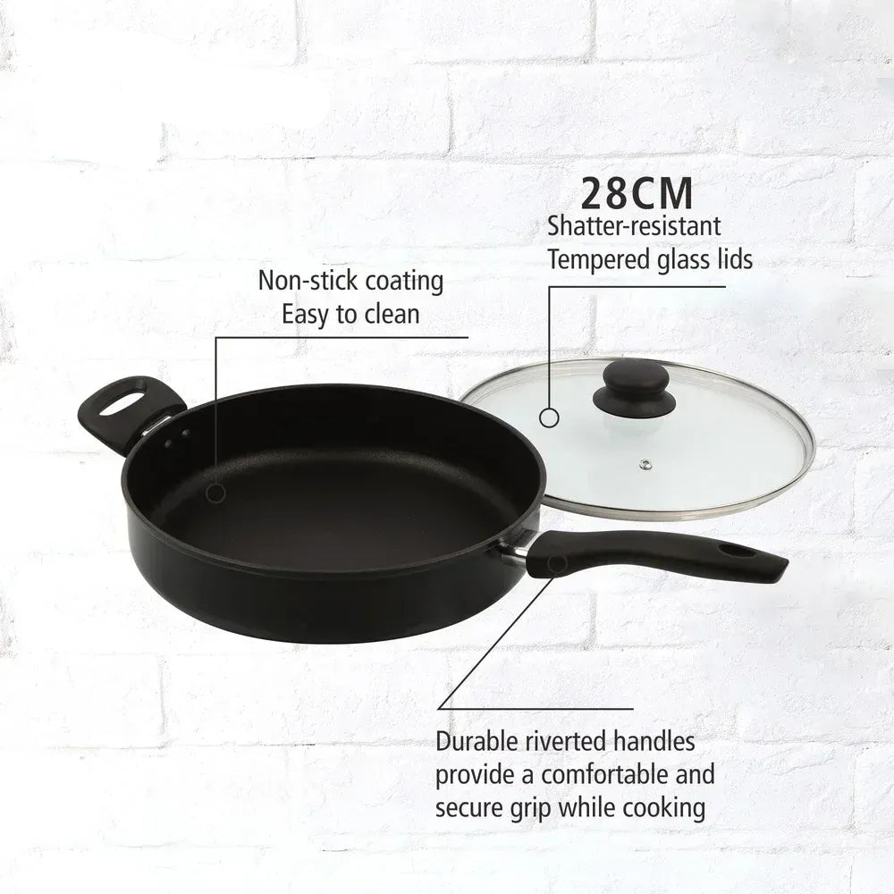 Essentialshouses United States Non-Stick Jumbo Cooker with Glass Lid Cool Touch Handle Dishwasher Safe Cooking Pan Everyday Use Easy Clean Cooking Essential