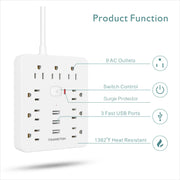 Essentialshouses WHITE / 9 / US|110-240V|United States Power Outlet with Surge Protector, 9 sockets 3 USB Ports,5ft Extension Cord, Quick Charge, For Home and Office,White