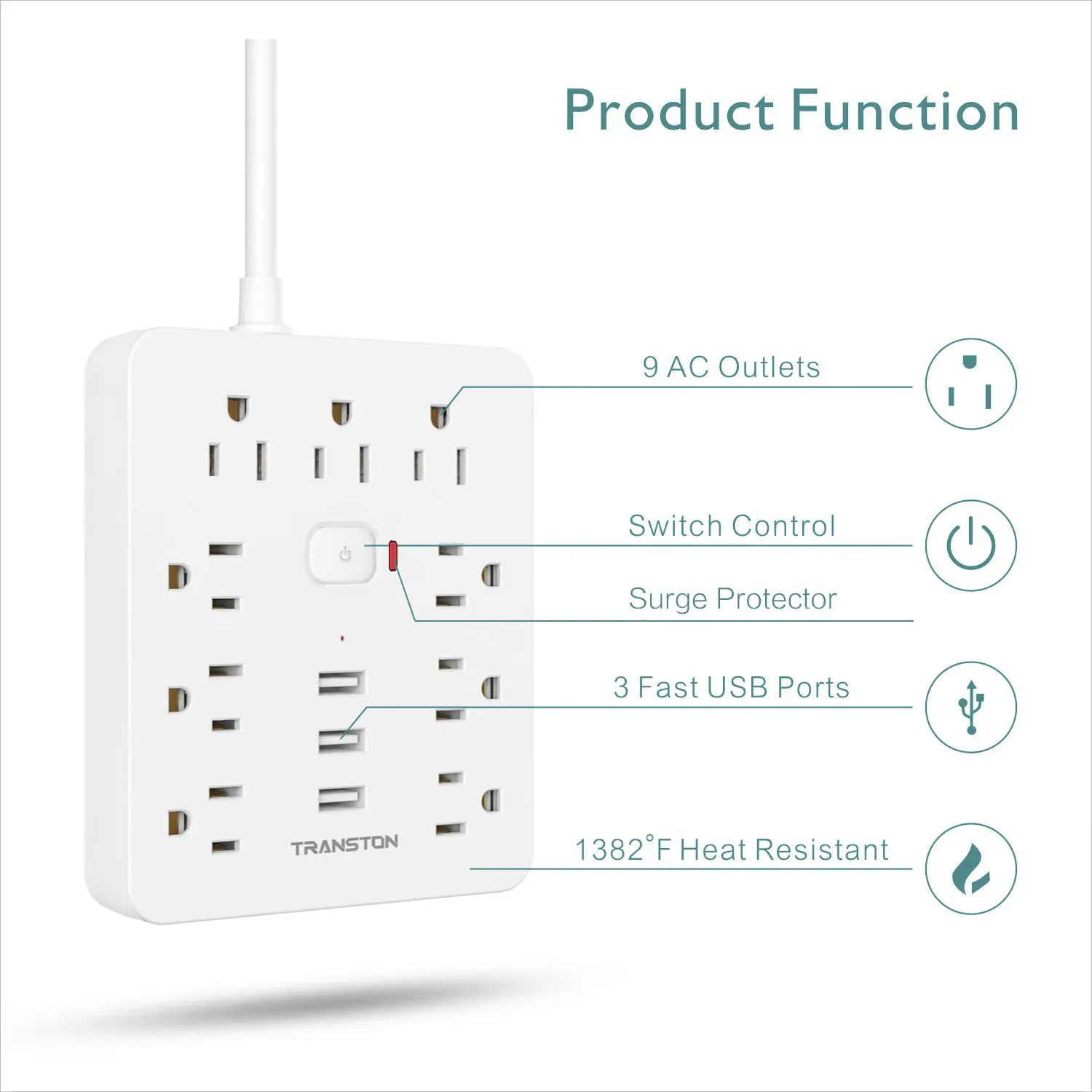 Essentialshouses WHITE / 9 / US|110-240V|United States Power Outlet with Surge Protector, 9 sockets 3 USB Ports,5ft Extension Cord, Quick Charge, For Home and Office,White
