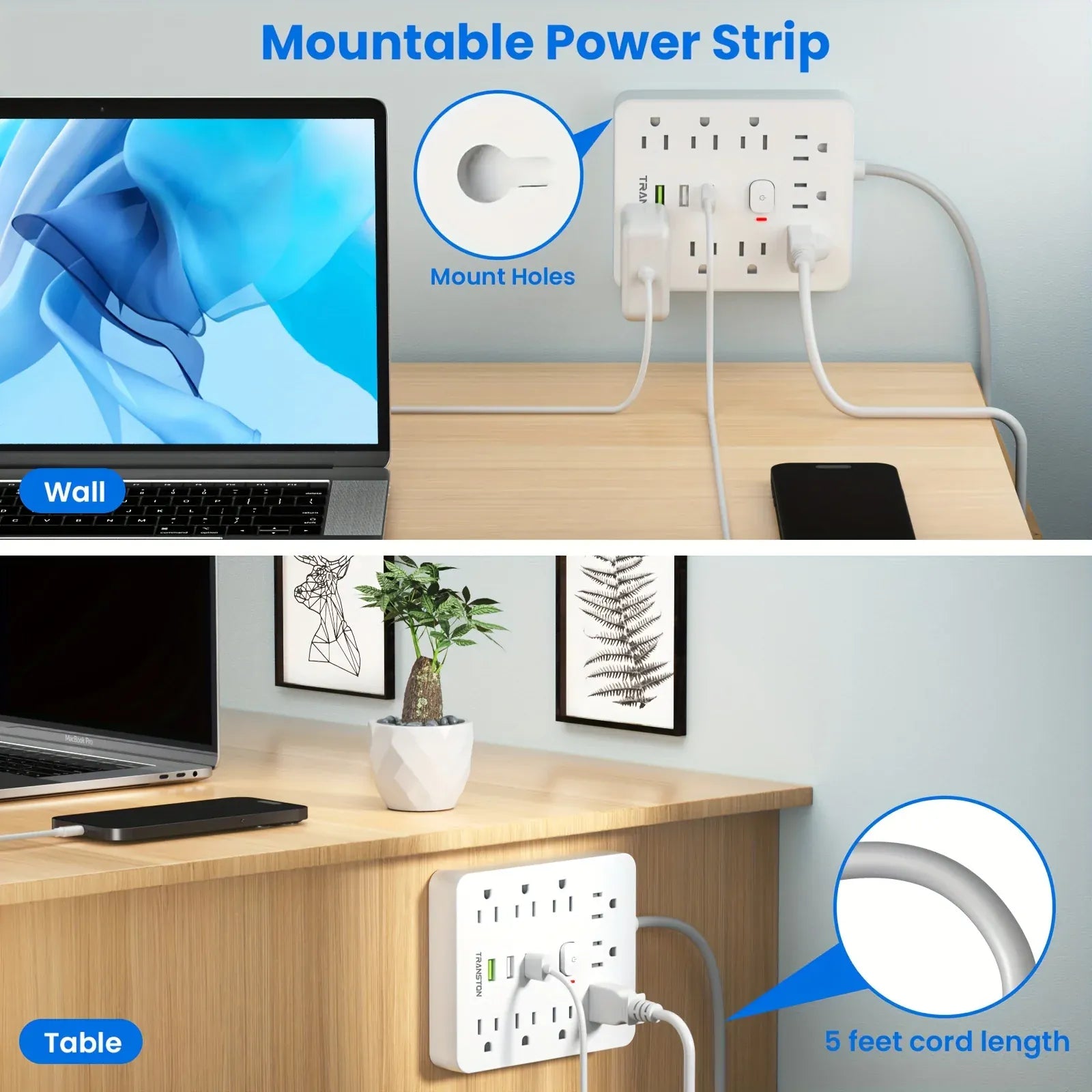 Essentialshouses WHITE / 9 / US|110-240V|United States Power Outlet with Surge Protector, 9 sockets 3 USB Ports,5ft Extension Cord, Quick Charge, For Home and Office,White